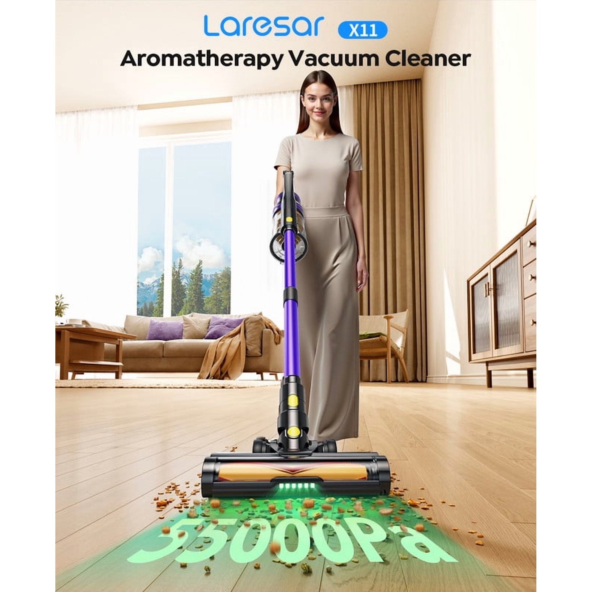 Laresar Aromatherapy Cordless Stick Vacuum, 550W 55Kpa, Green Laser, 60Min Runtime, Pet Hair & Hard Floor Cleaner