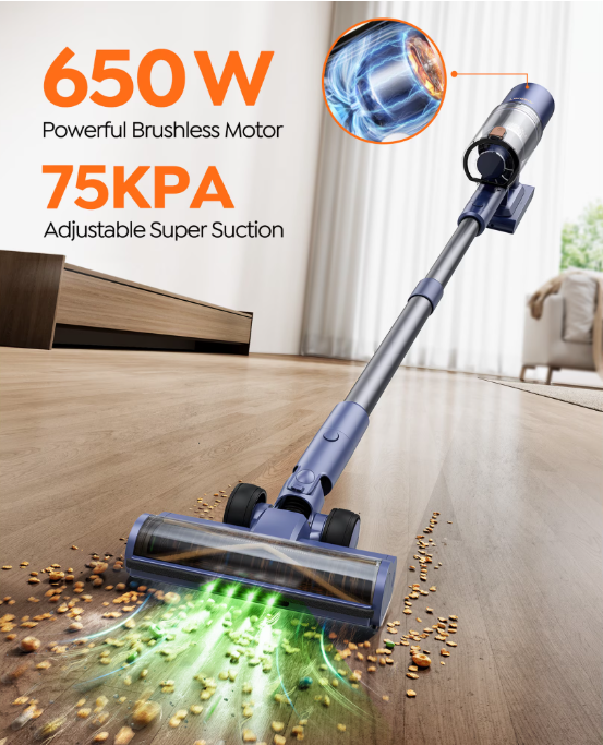 Laresar V11 Cordless Stick Vacuum Cleaner 650W 75Kpa Strong Suction, 90Mins Runtime Long-Lasting Battery for Carpet Pet Hair Large Home